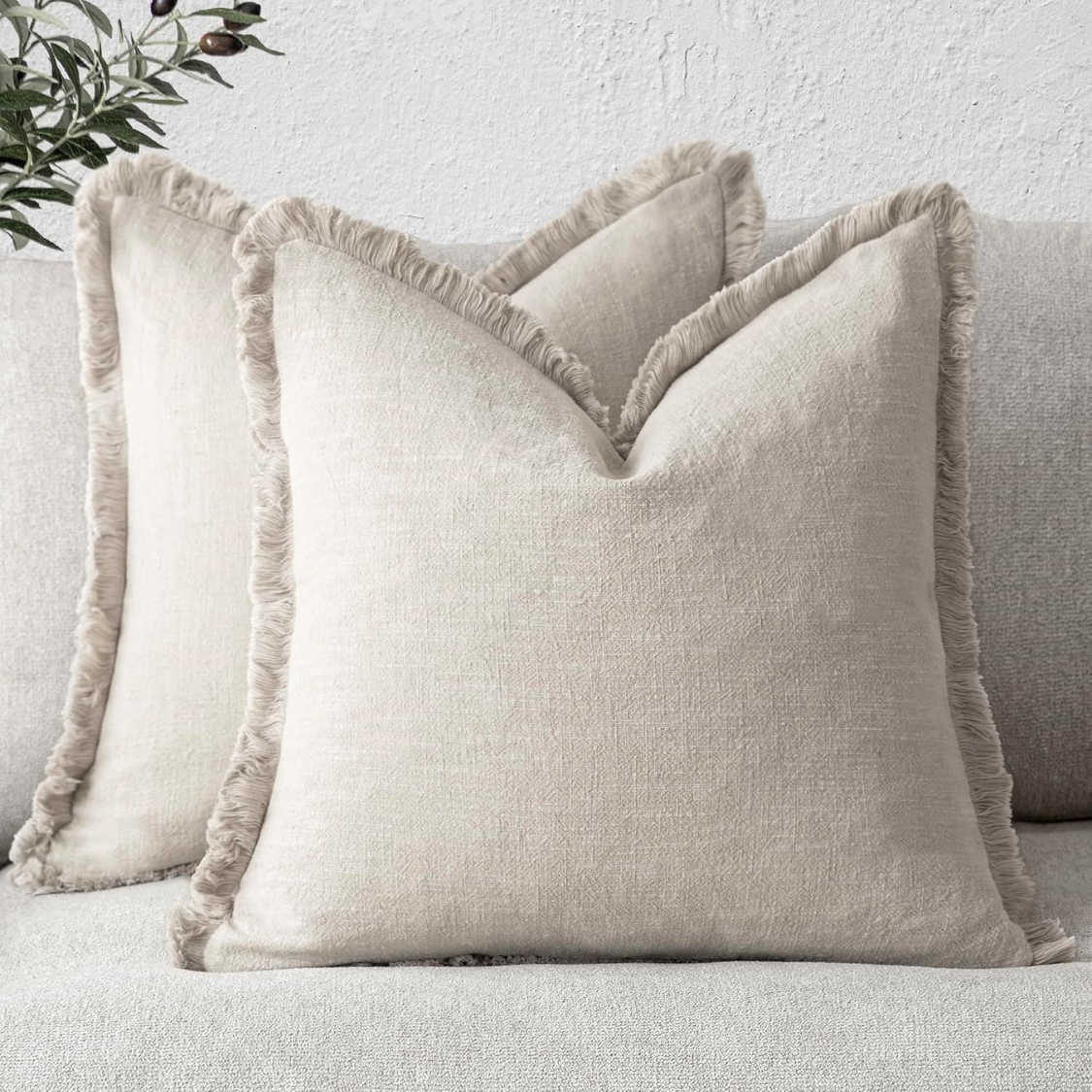 Decorative Linen Fringe Throw Pillow Cover 18x18 Inches - Beige