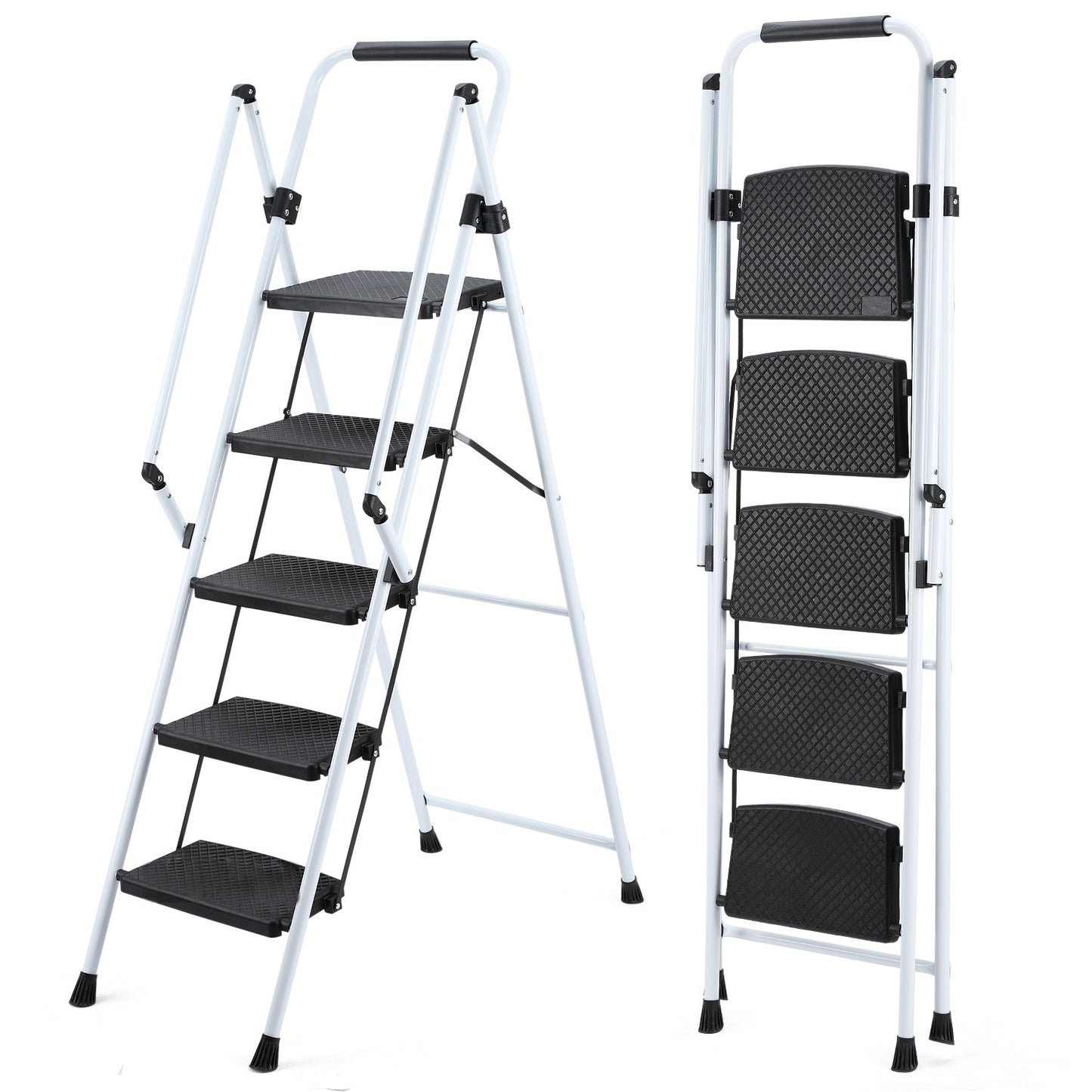 Folding Steel Ladder Stool with Anti-Slip Pedals - 5 Steps, White