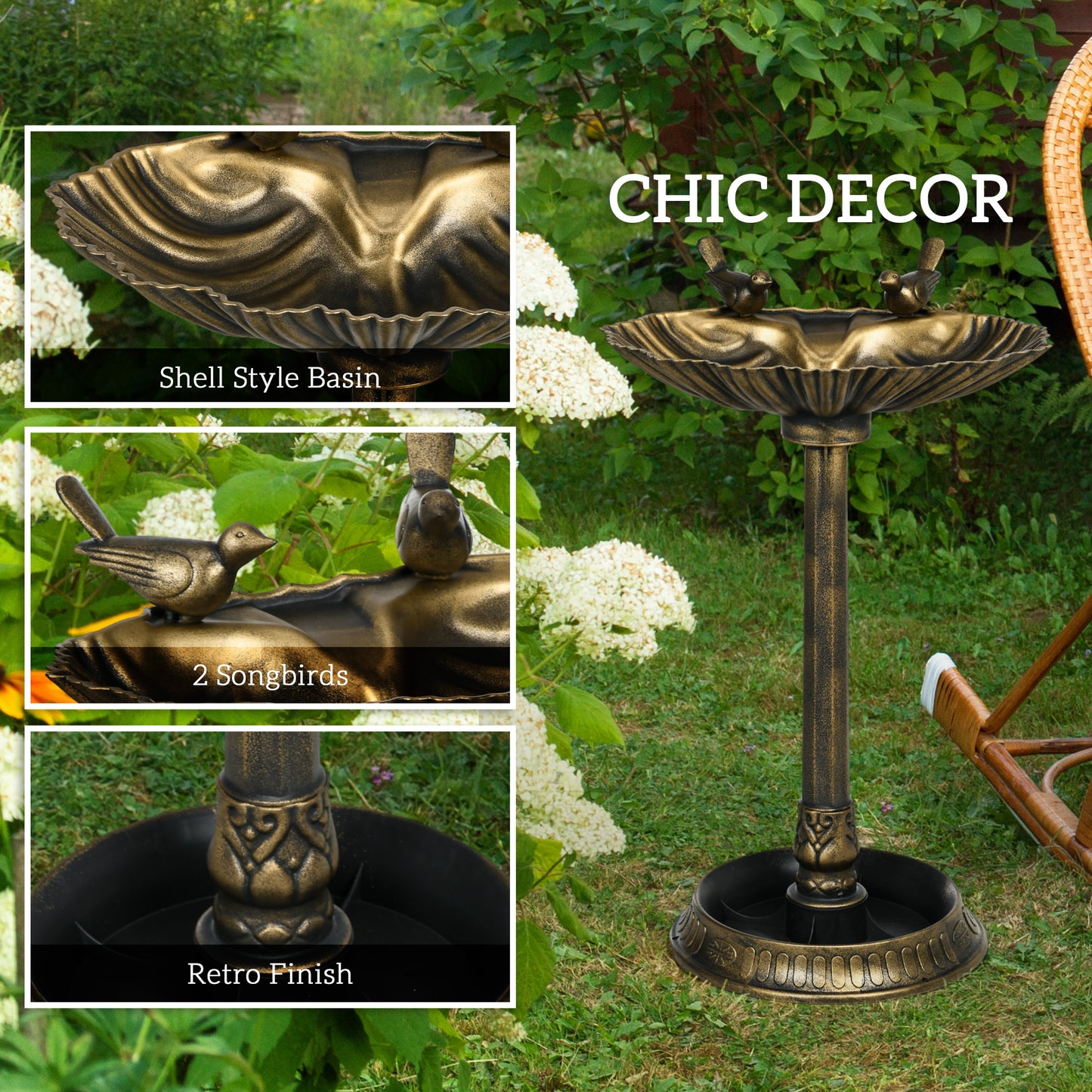 32-Inch Bronze Bird Bath with Bird Statues and Planter Pedestal - Outdoor Decor