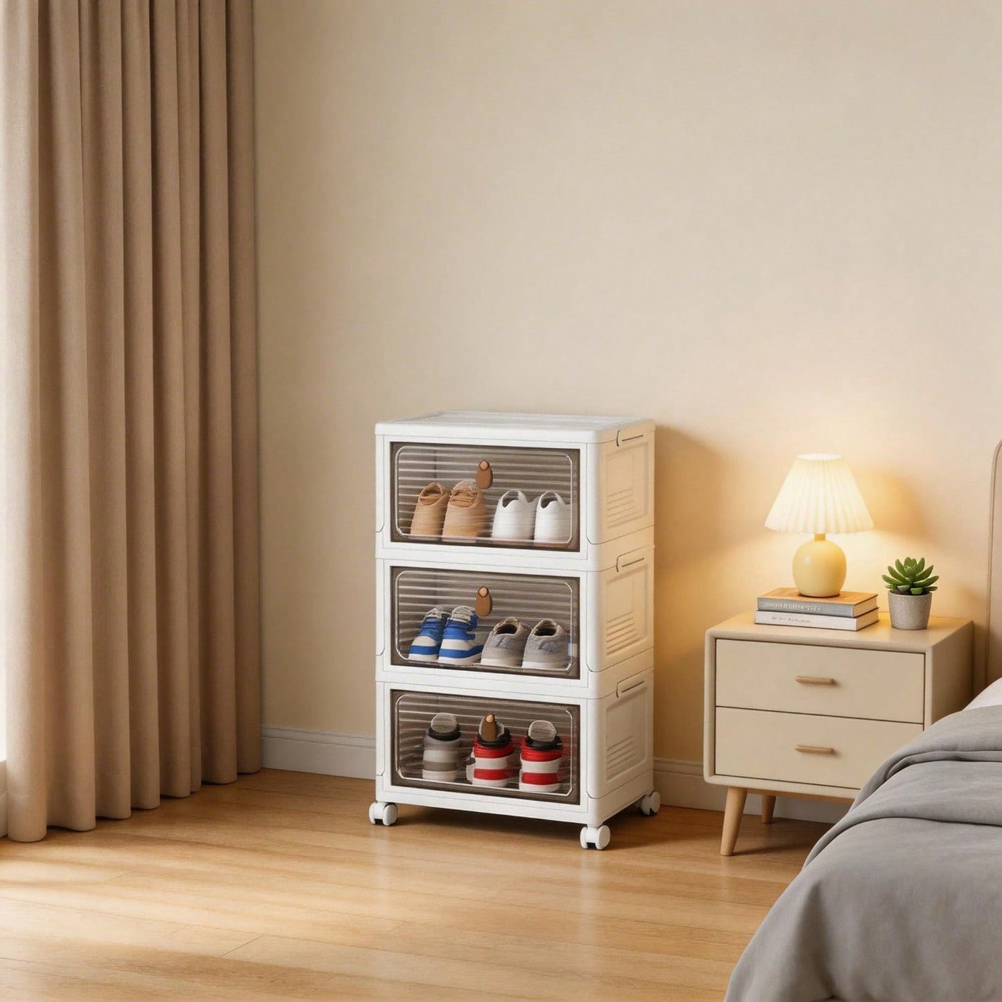 Dustproof Clear Plastic Shoe Storage Box Stackable Foldable 3Tier