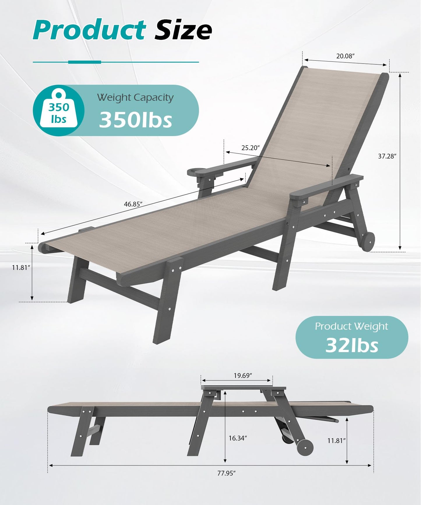 Lounge Chair Outdoor, HDPE Chaise Outdoor With Wheels, Patio