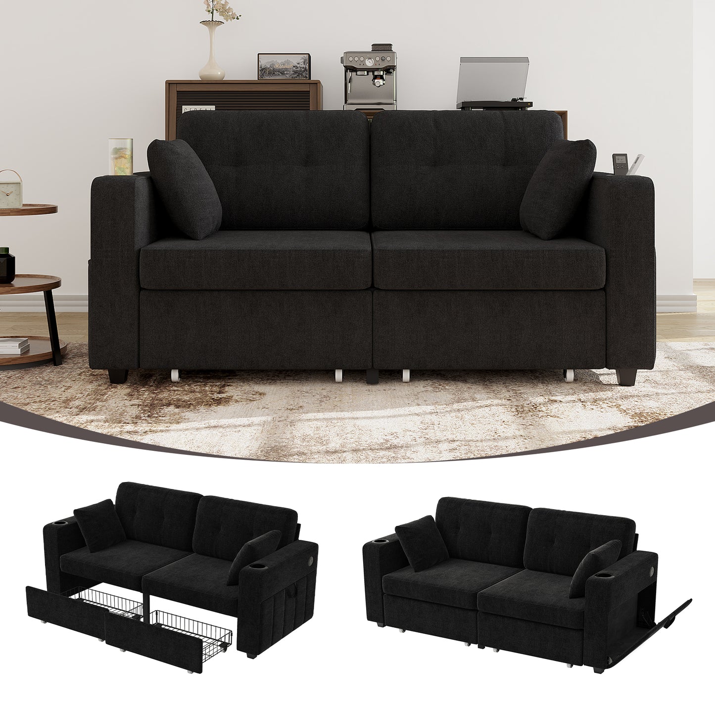 Modern 3-Seater Sofa with USB Charging & Storage - Black