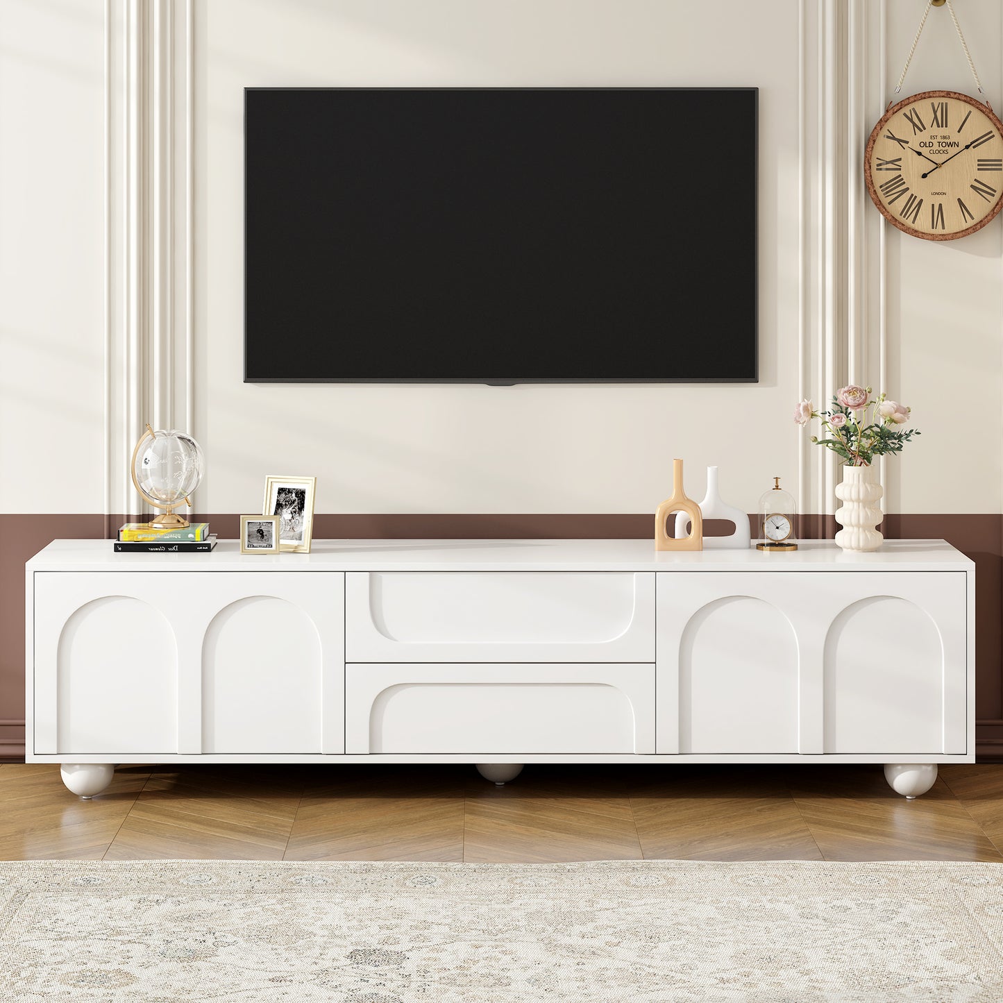 Cream Style TV Stand with Arched Doors & 2 Drawers for TVs Up to 75"