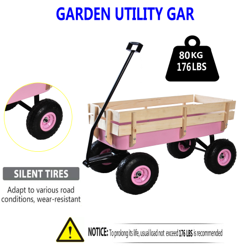 All Terrain Garden Wagon with Wood Railing and Air Tires for Outdoor Use