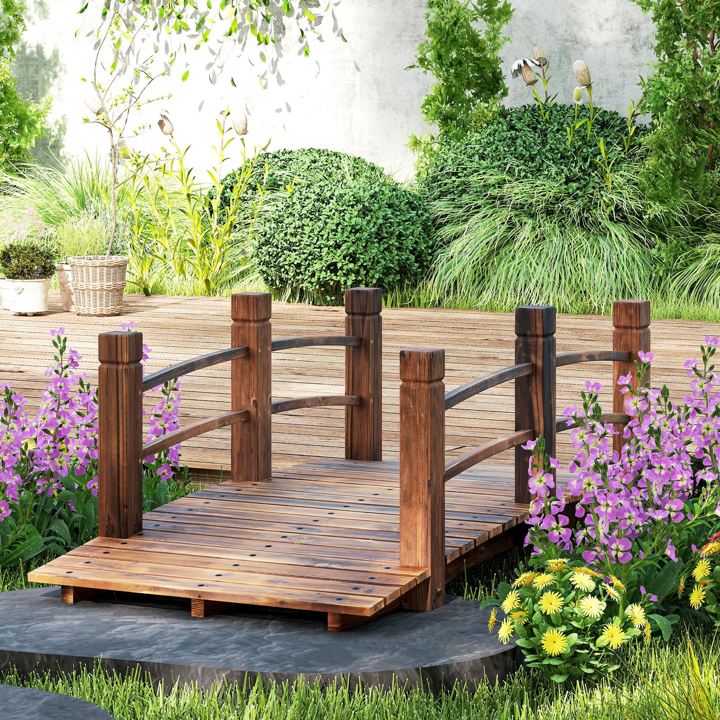 Wooden Garden Bridge with Side Railings - 60 Inch Stained Fir Wood Walkway