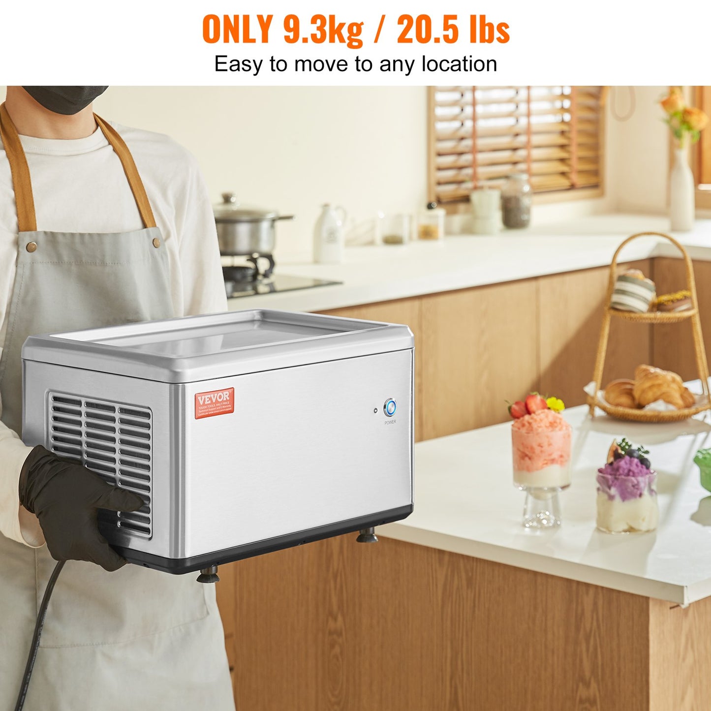 Stainless Steel Fried Ice Cream Roll Machine with Compressor & 2 Scrapers - Silver 19.3 x 14.9 Inches