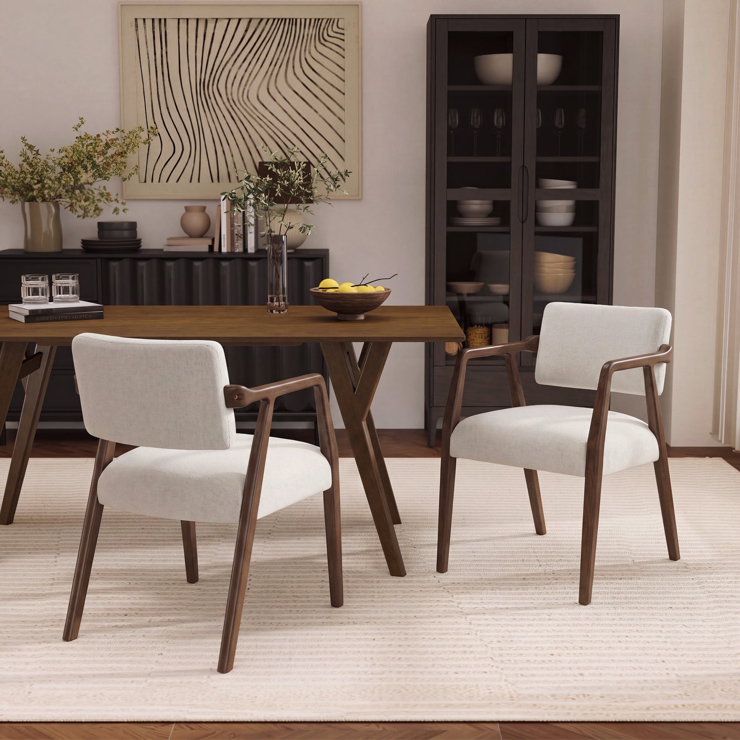 Mid-Century Upholstered Dining Armchair Set - Beige & Brown