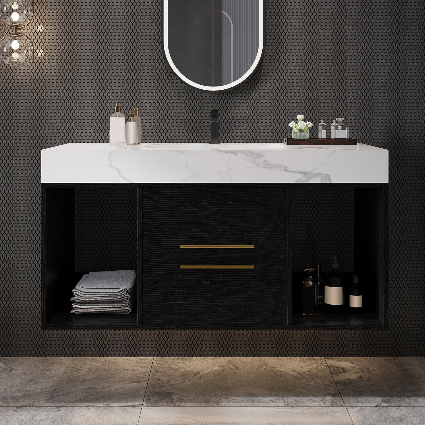 39.4" Modern Floating Bathroom Vanity with Ceramic Sink - White & Black