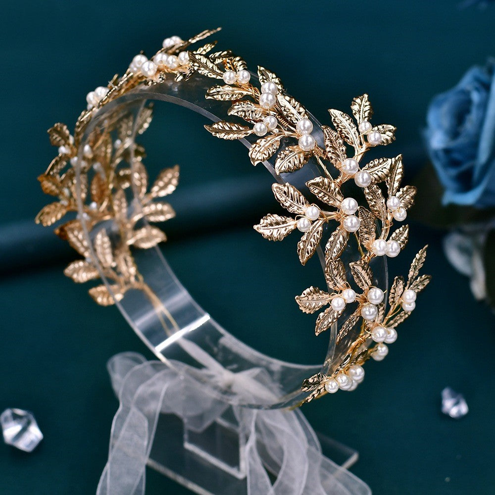 Gold Leaf Pearl Hair Band with White Organza Ribbon - Elegant Hair Accessories