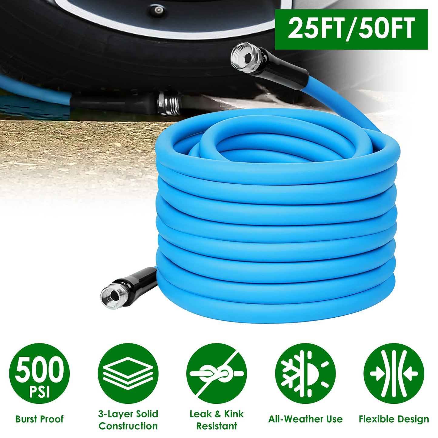 Heavy Duty Flexible Garden Hose - Kink-Free, Leak-Resistant, 3-Layer PVC