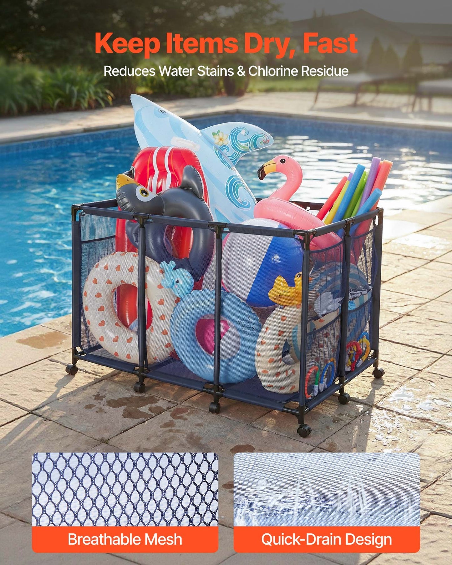 Pool Storage Bin with Casters & Side Pockets - Heavy Duty Mesh Organizer for Pool Toys