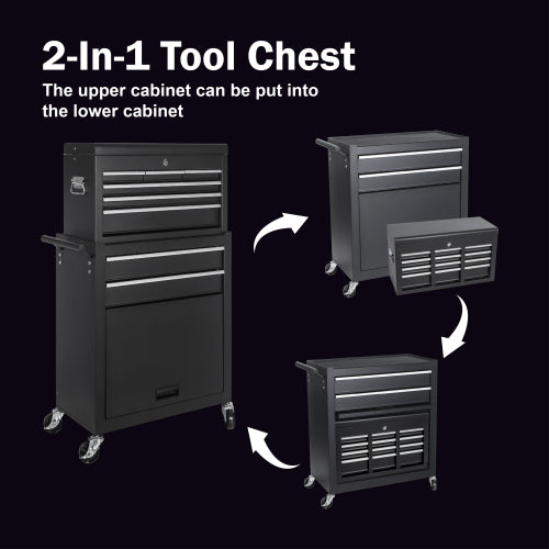 8-Drawer Rolling Tool Chest with Detachable Top Box, Lockable Wheels, Side Hooks