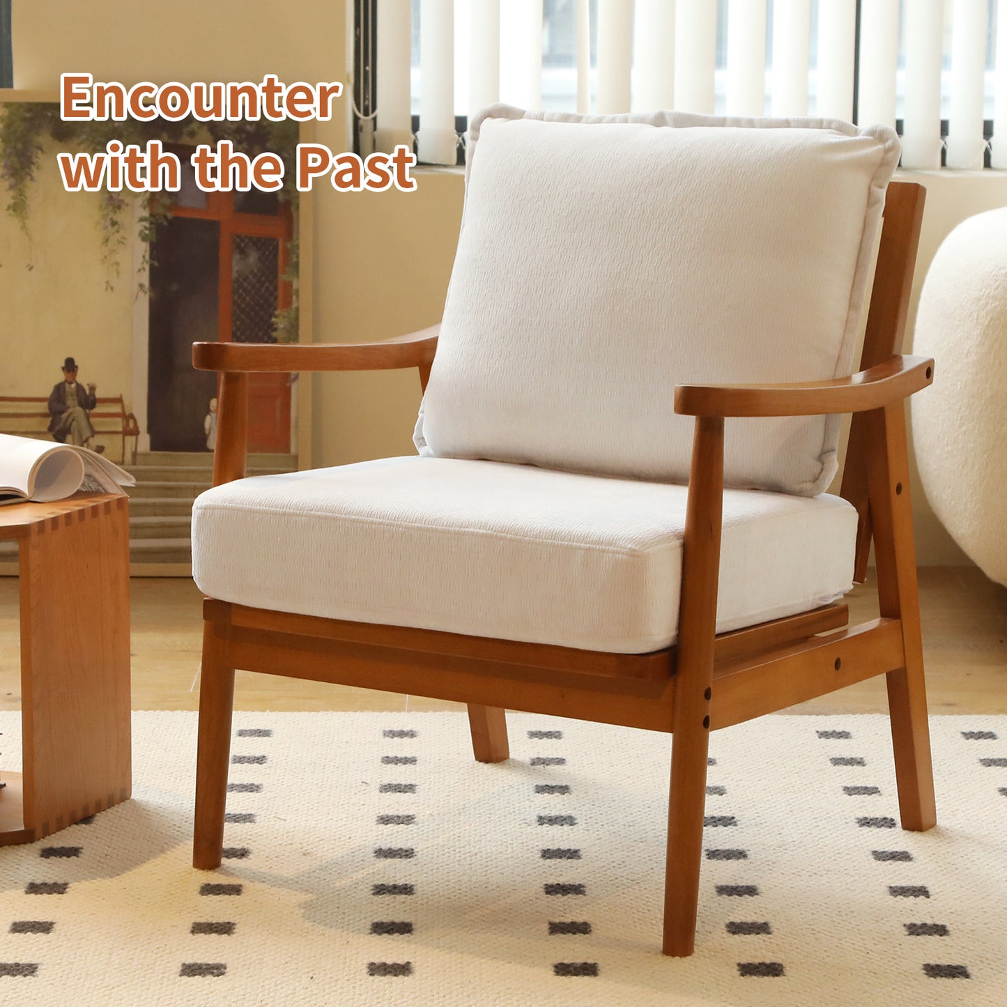 Accent Chair with Solid Wood Frame - White Fabric Cushion