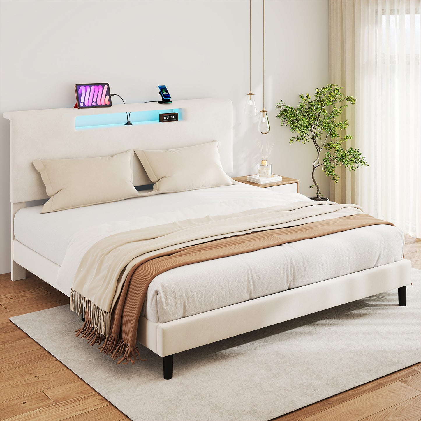 King Size Bed Frame Upholstered High Headboard Mattress Foundation