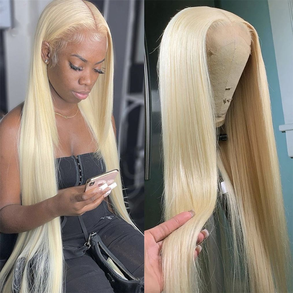 Long Straight Synthetic Wig with Lace Front - Gold Color, 65cm