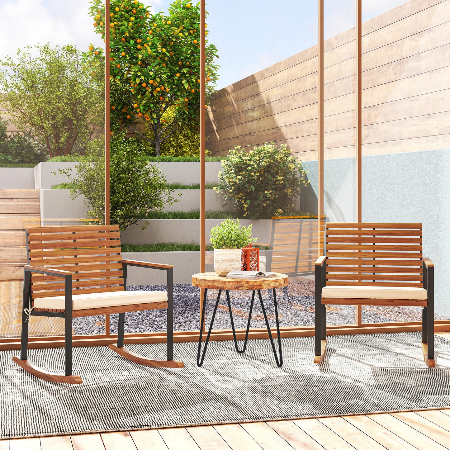 Acacia Wood Outdoor Rocking Chair Set of 2 with Cushions - Cream White