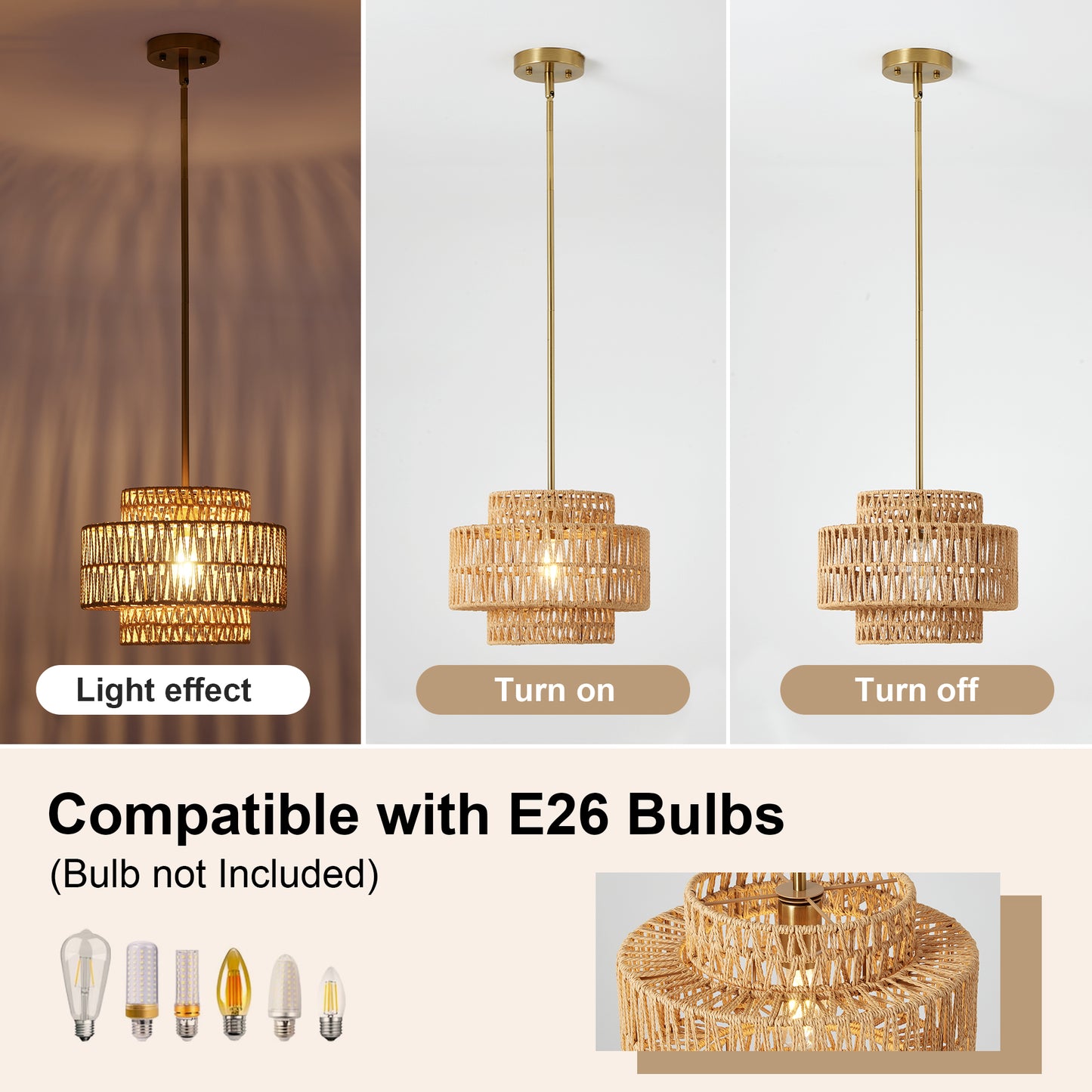 12.6in Boho Rattan Pendant Light Fixture - Farmhouse Rustic Hanging Lamp for Kitchen & Living Room