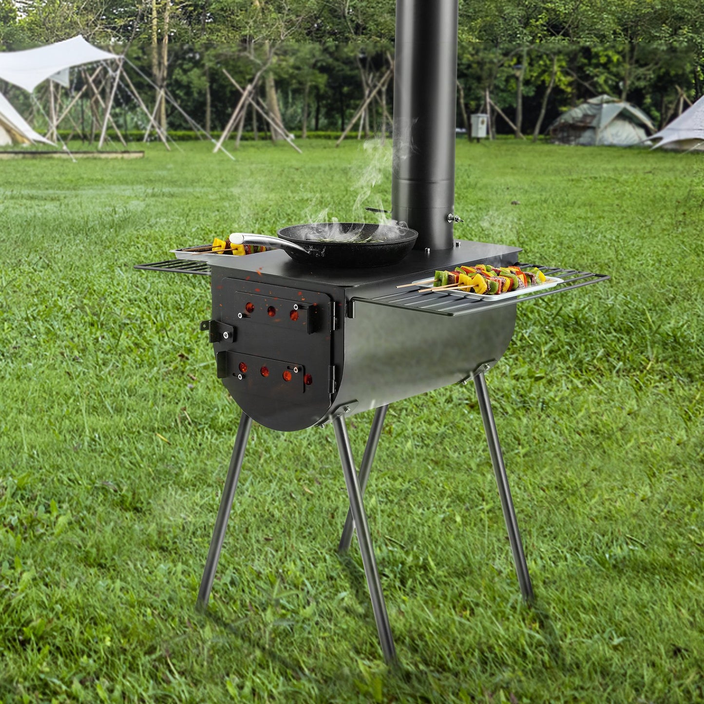 Portable Wood Burning Camping Stove with Chimney Pipes & Gloves - 118 Inch Alloy Steel Firebox