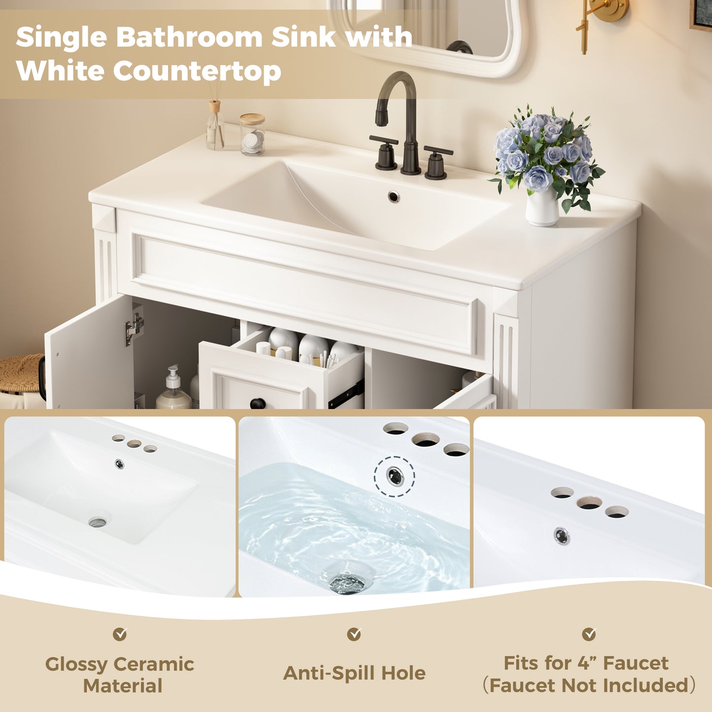 36-Inch Wall-Mounted Bathroom Vanity with Ceramic Sink - White