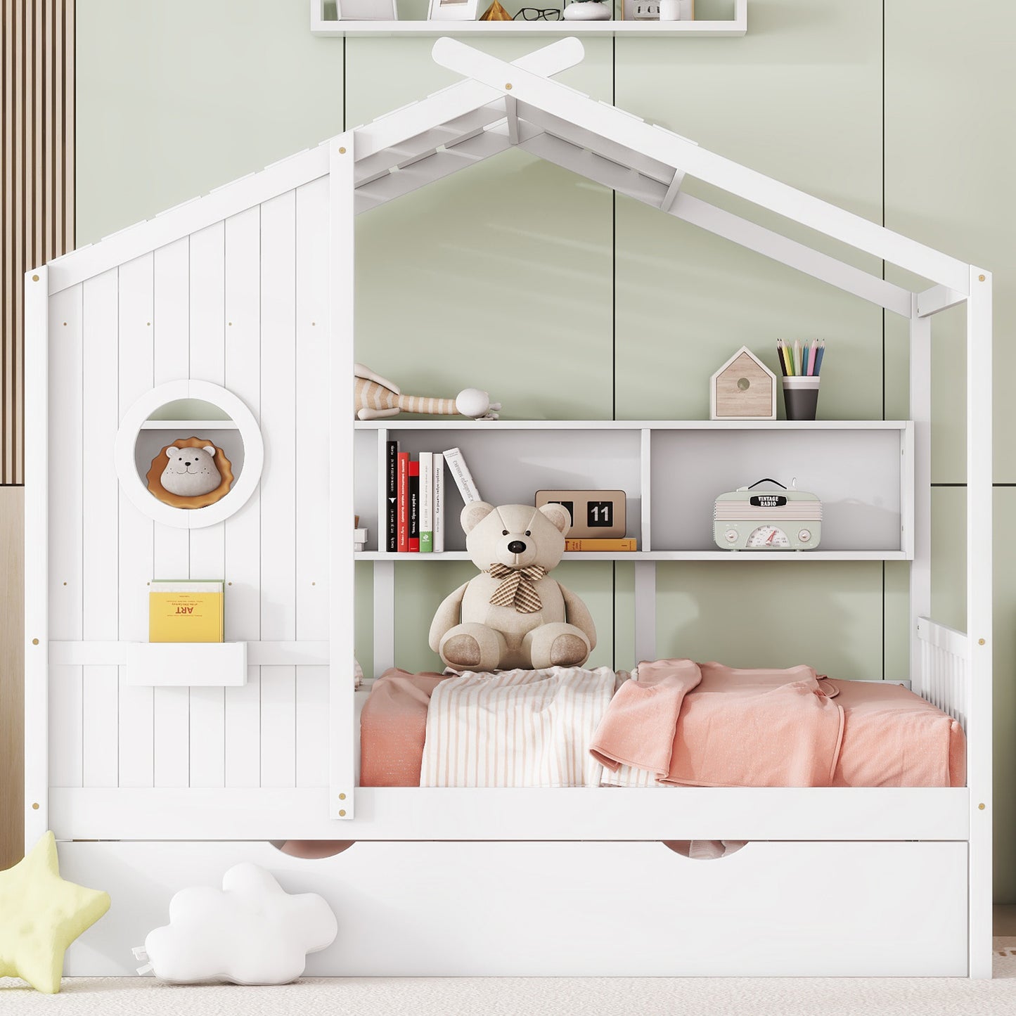 Wooden Full Size House Bed With Trundle, Modern Design For Kids