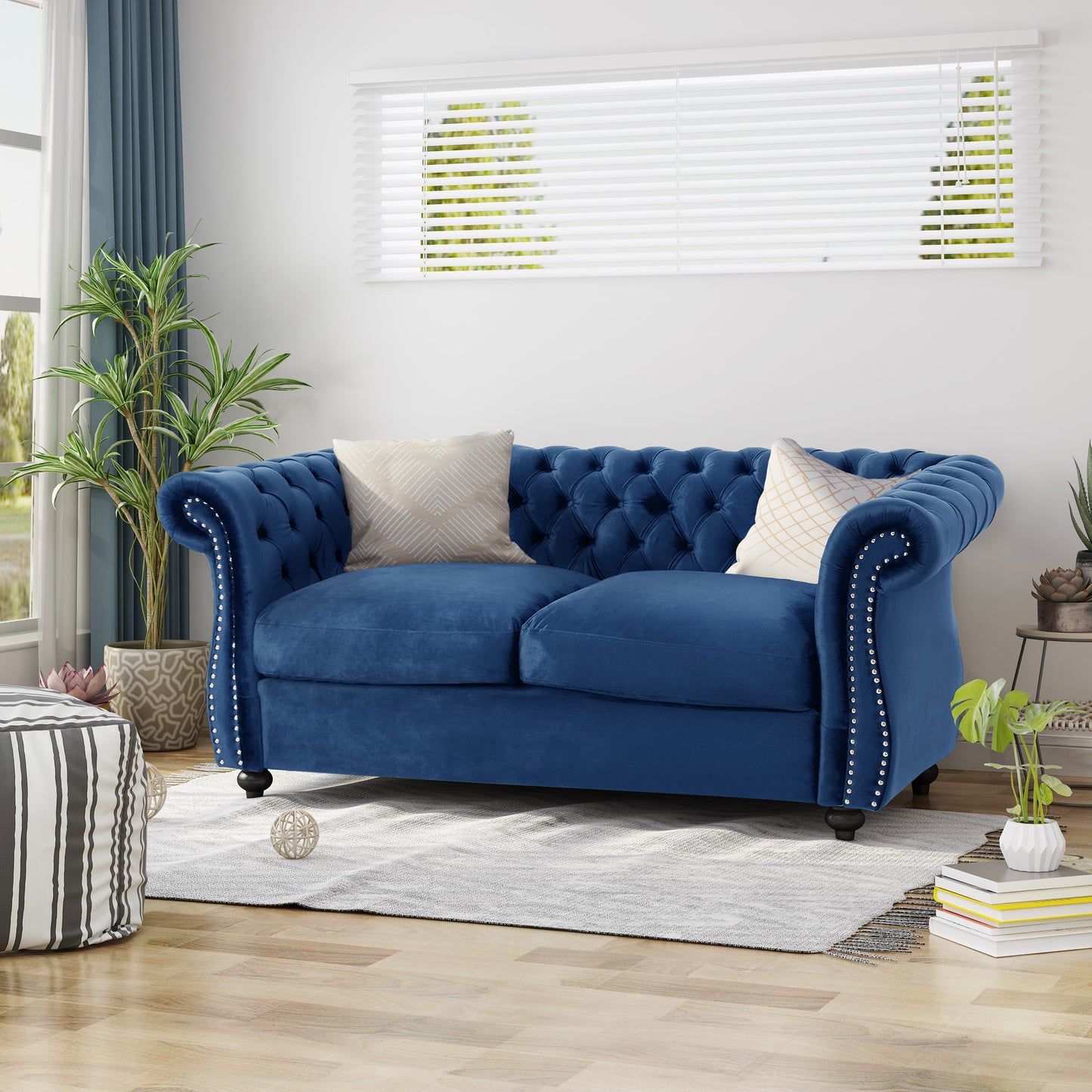 Chesterfield Loveseat Sofa - Navy Blue Velvet, 61.75" Wide