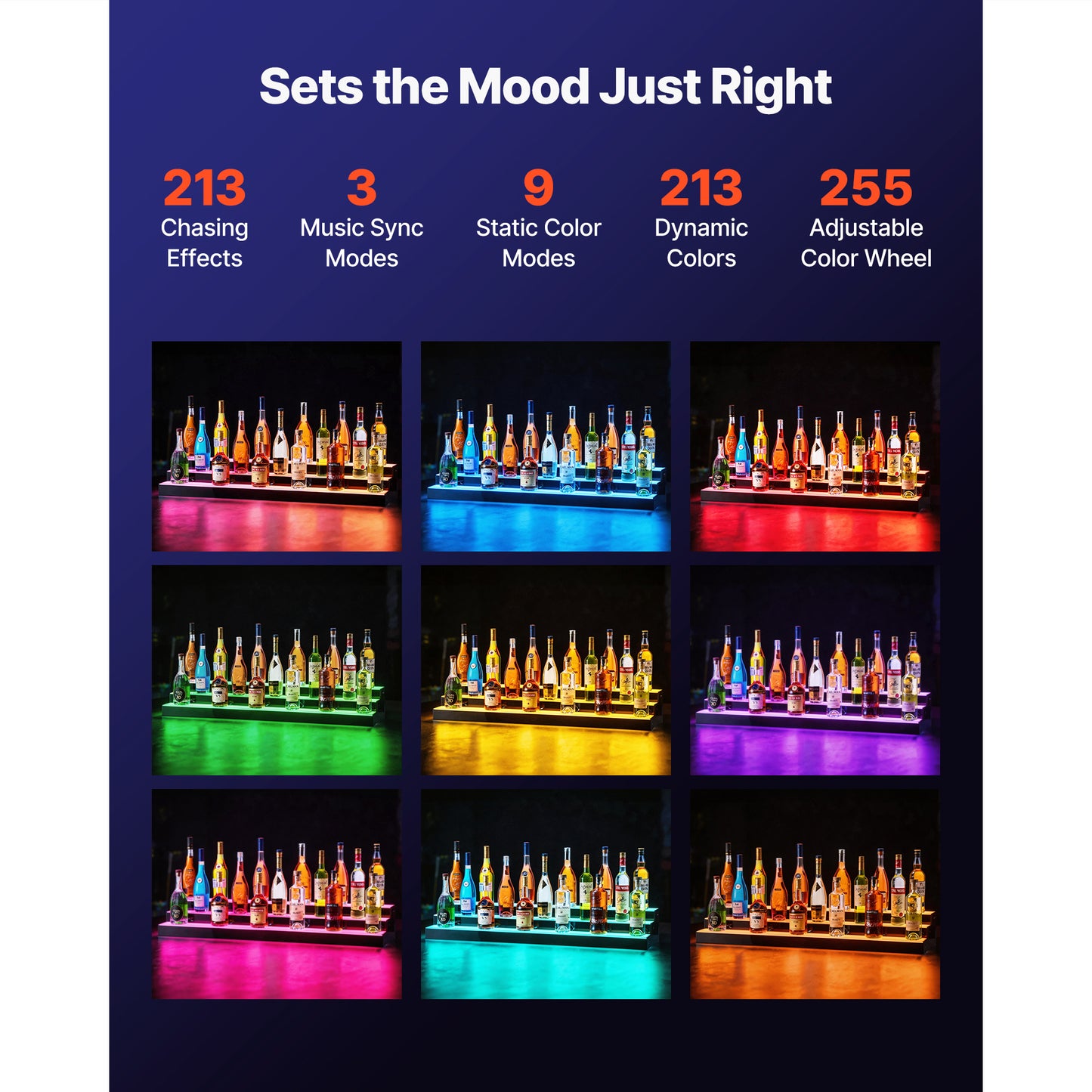 LED Liquor Bottle Display Shelf with Remote & App Control, 3 Tiers, Acrylic Illuminated Home Bar, 48 Inch