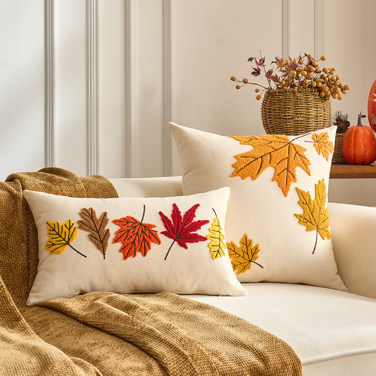 Autumn Maple Leaf Pumpkin Pillow Cover for Sofa & Living Room Decor
