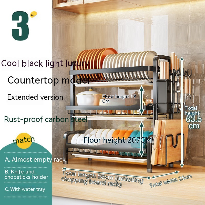 Two-Layer Kitchen Dish Rack Drainer with Cutting Board & Utensil Holders