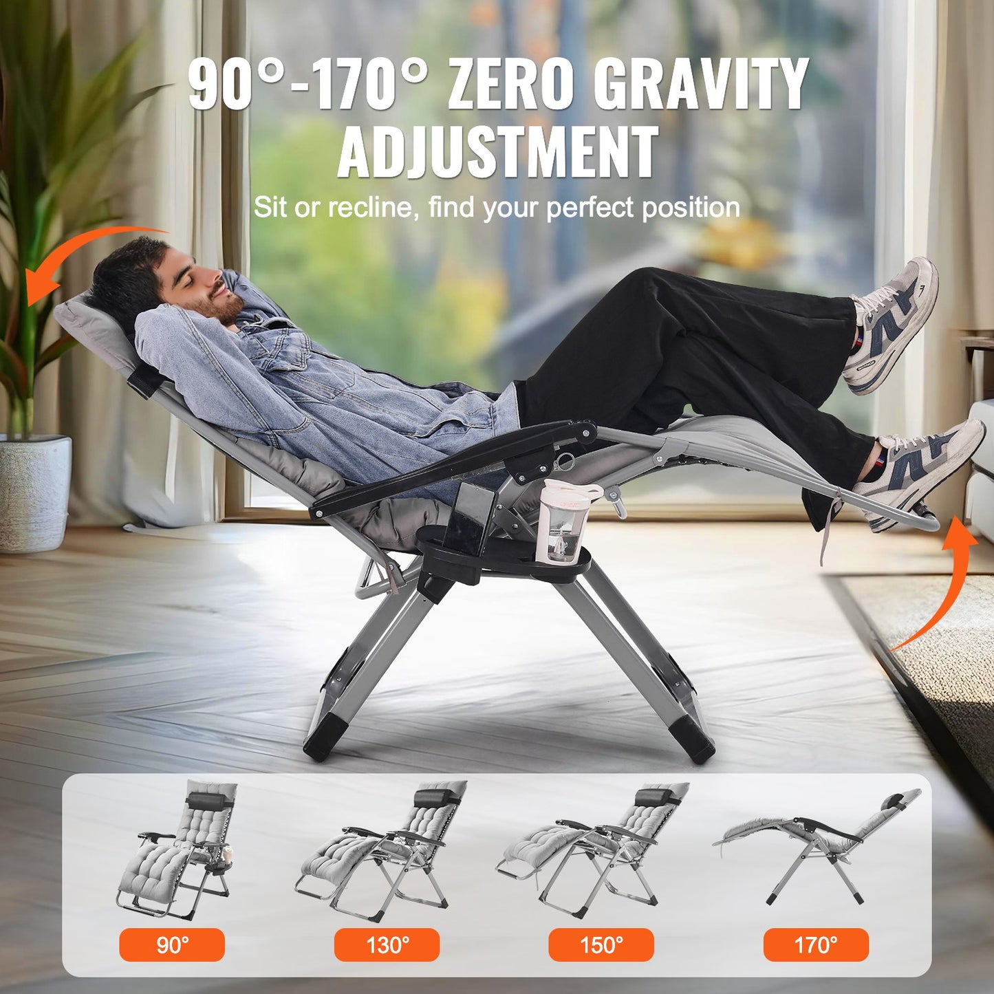 Outdoor Zero Gravity Lounge Chair 26-Inch Support & Adjustable Recline in Grey