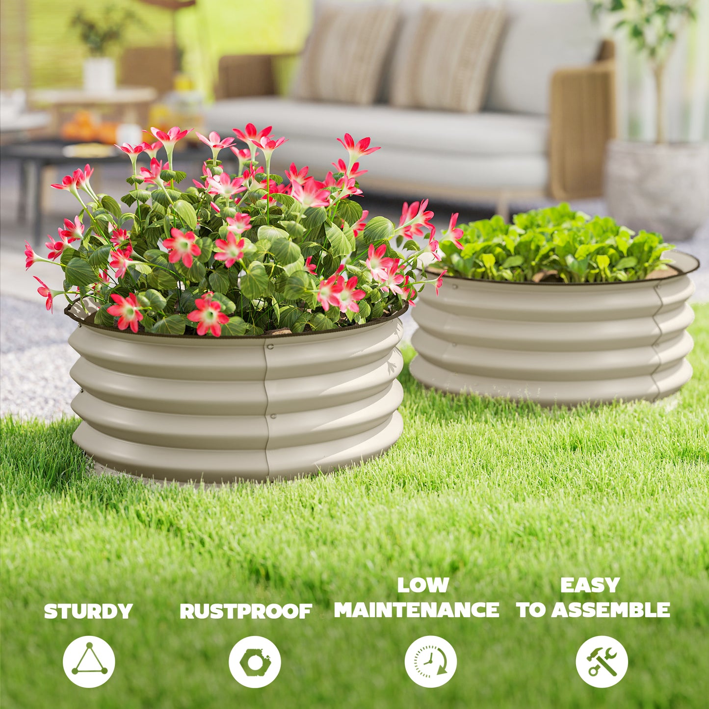Set of 2 Raised Garden Beds Metal Planter Boxes Cream Weatherproof Outdoor