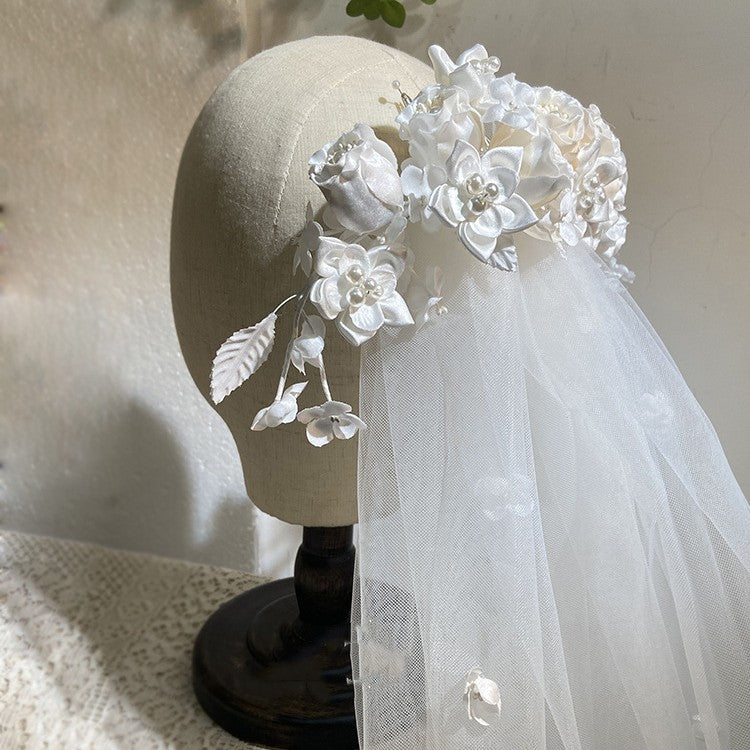 White Flower Wedding Headdress with Double Layer Design