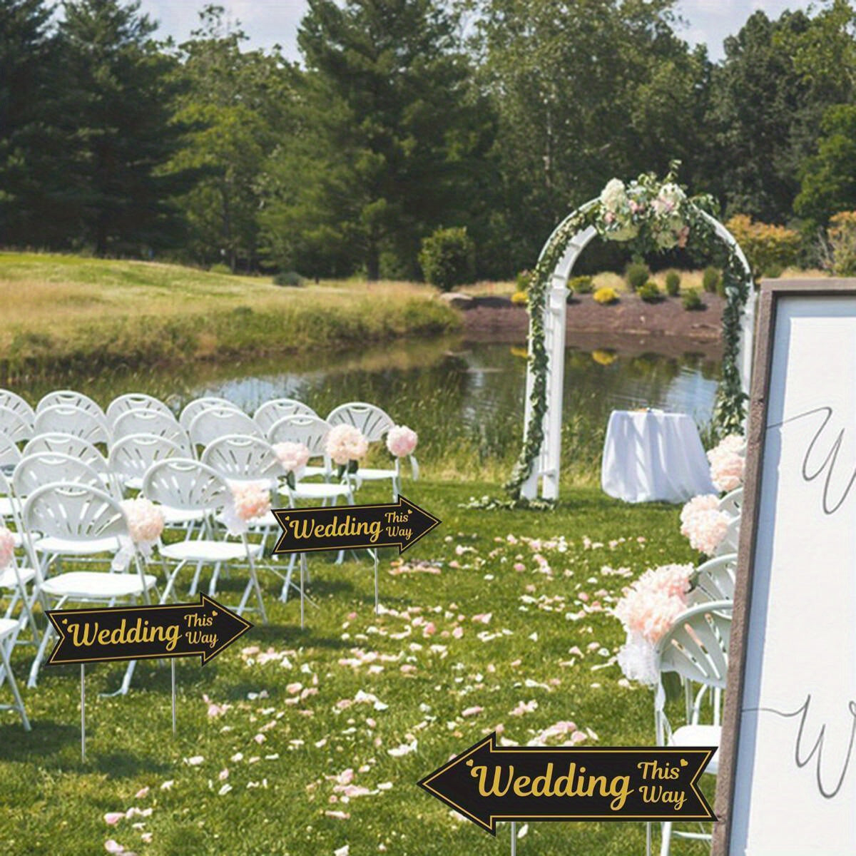 4-Piece Wedding Directional Signs Set - Black & Gold Arrows