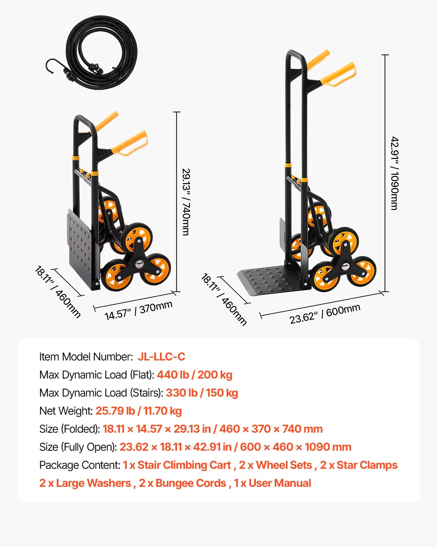 Heavy-Duty Stair Climbing Hand Truck with Folding Design & Bungee Cords - Black