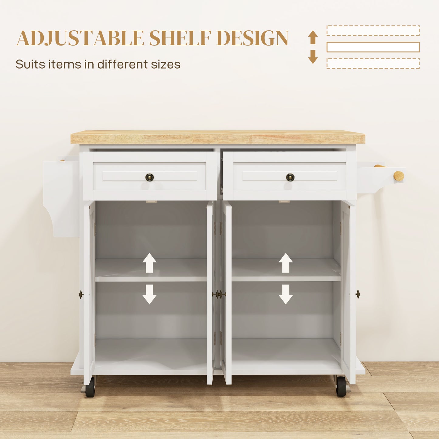 Rolling Kitchen Island Cart with Rubberwood Top & Storage - Cream White