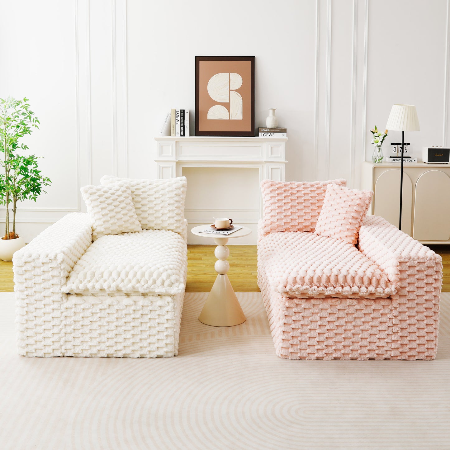 Luxury Color-Block Velvet Multifunctional Sofa - Pink & White