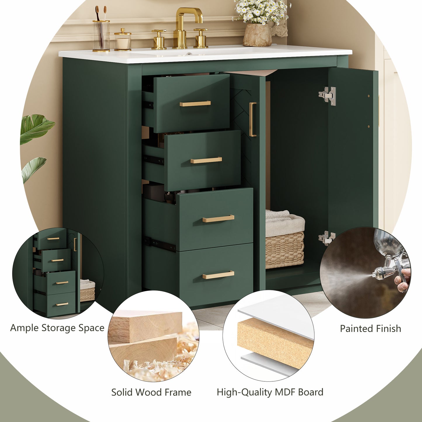 36-Inch Green Bathroom Vanity with Ceramic Sink & Storage Cabinet