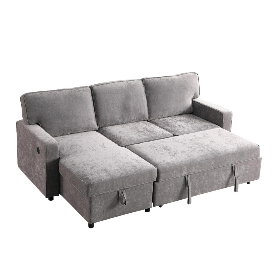 Sectional Sofa Bed with Storage, USB Port & Cup Holders - Gray