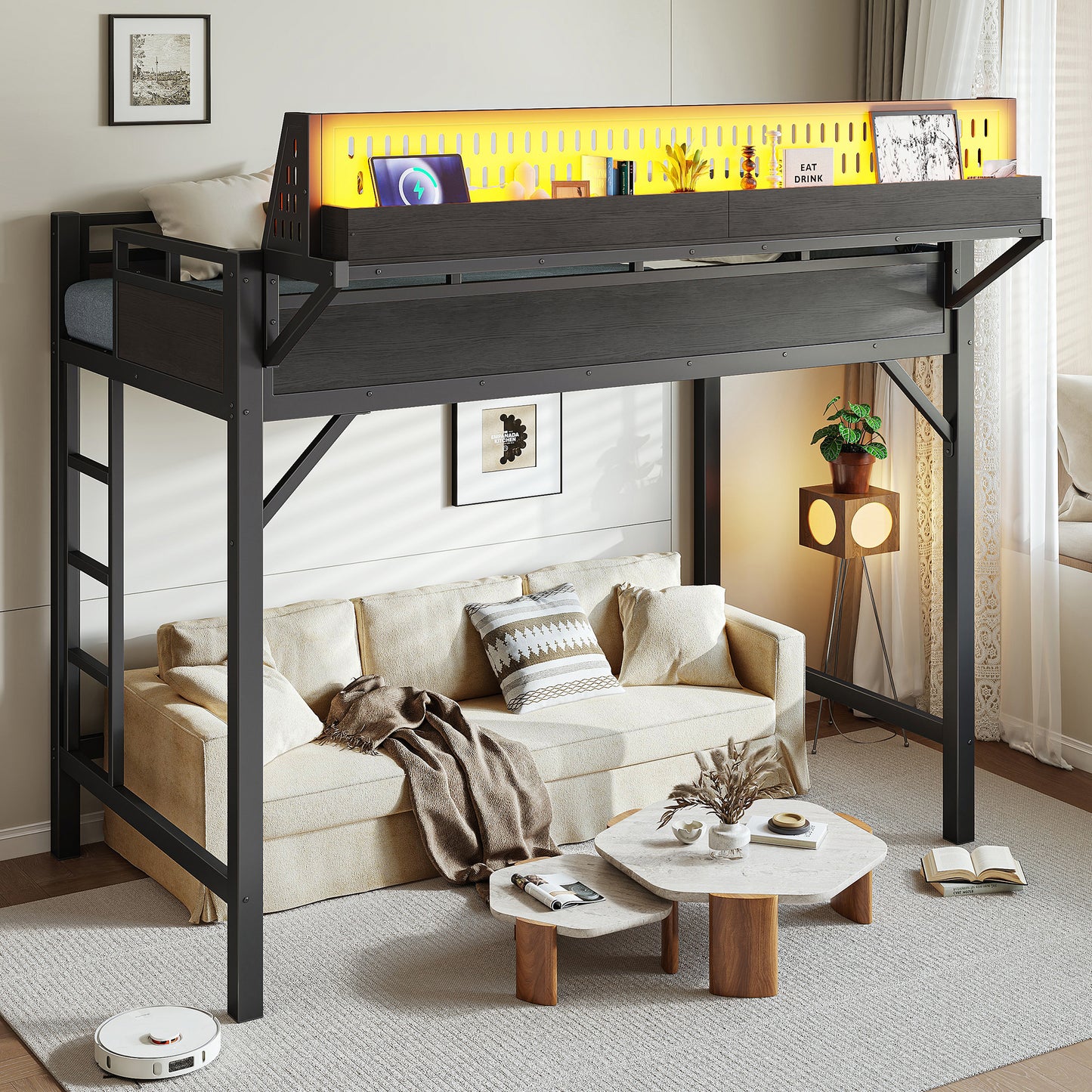Twin XL Metal Loft Bed Frame with USB Ports & LED Lights