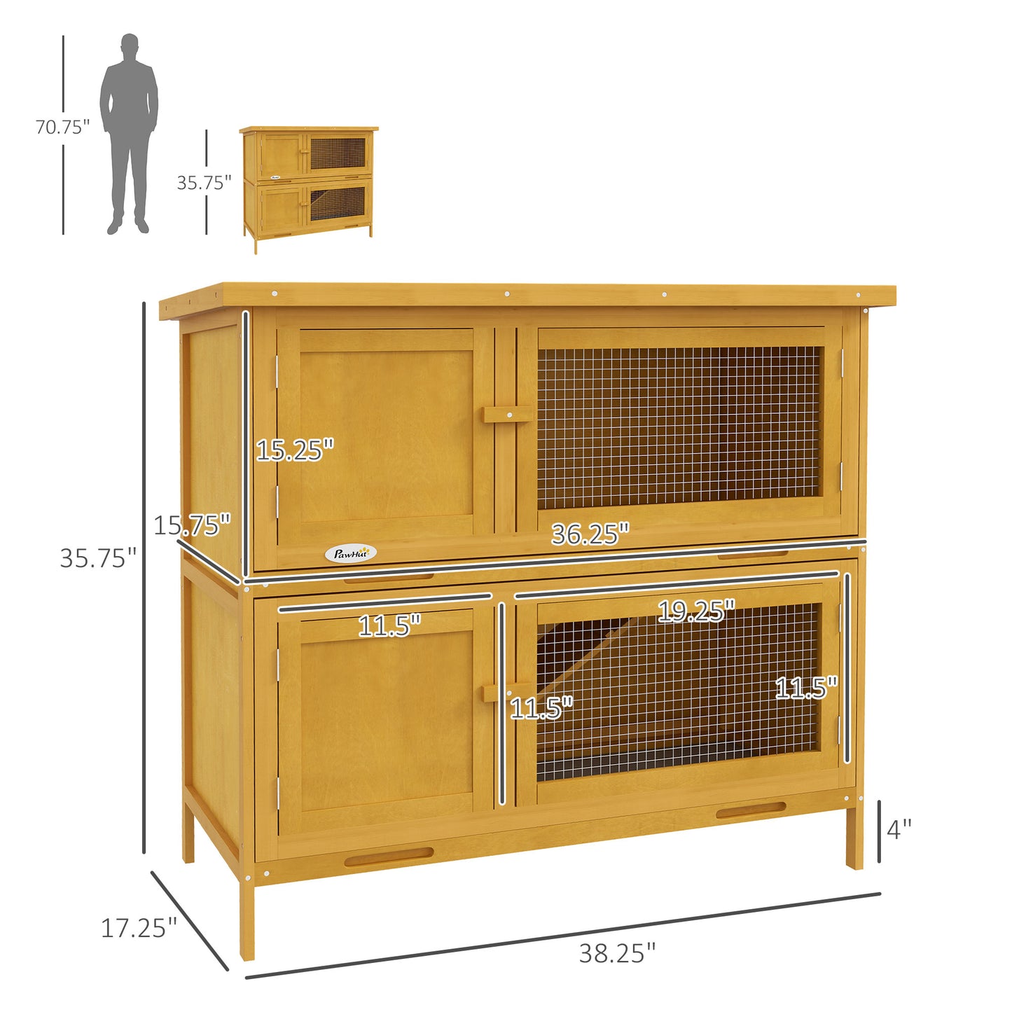 Wooden Bunny Hutch with Ramp - Indoor & Outdoor Pet House, Yellow, 1050x520x265mm