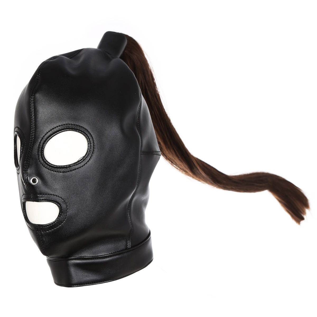 Women's Black Leather Mask and Hood Cover with Braid Option - Adult Wellness Accessory