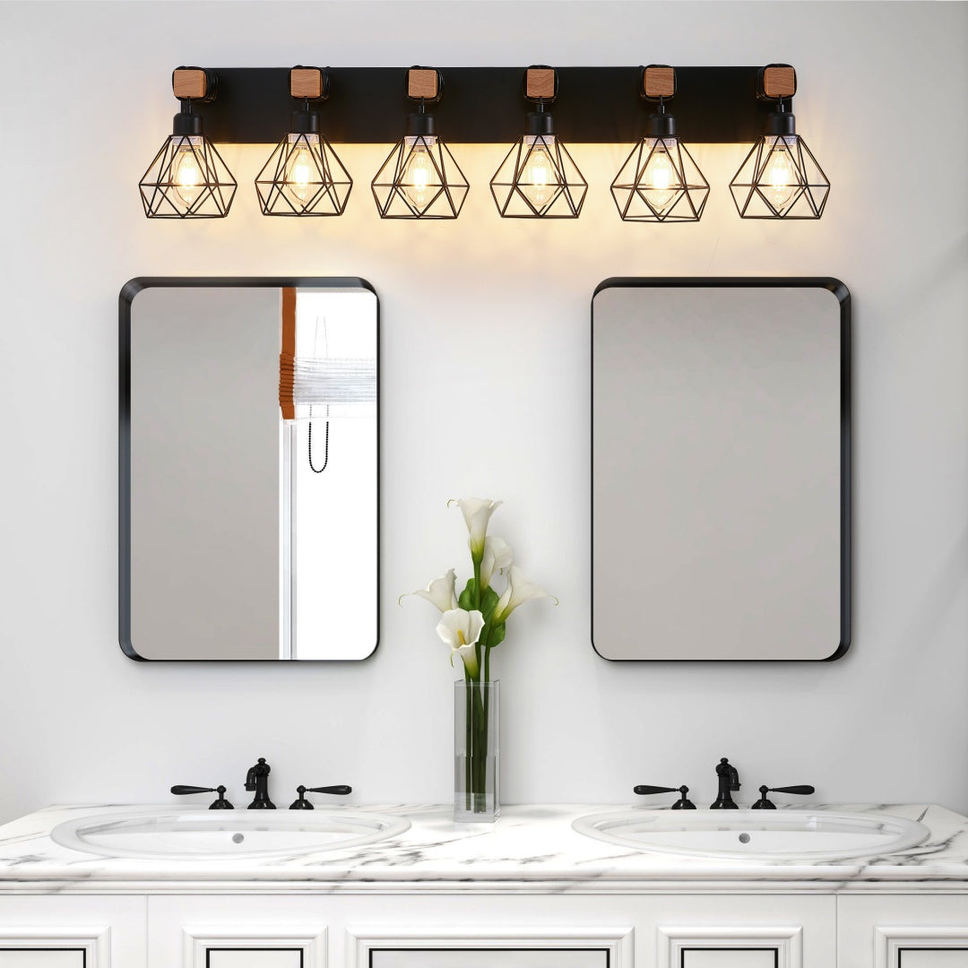 Modern 6-Light Vanity Light Fixture - Black Metal & Wood Accents