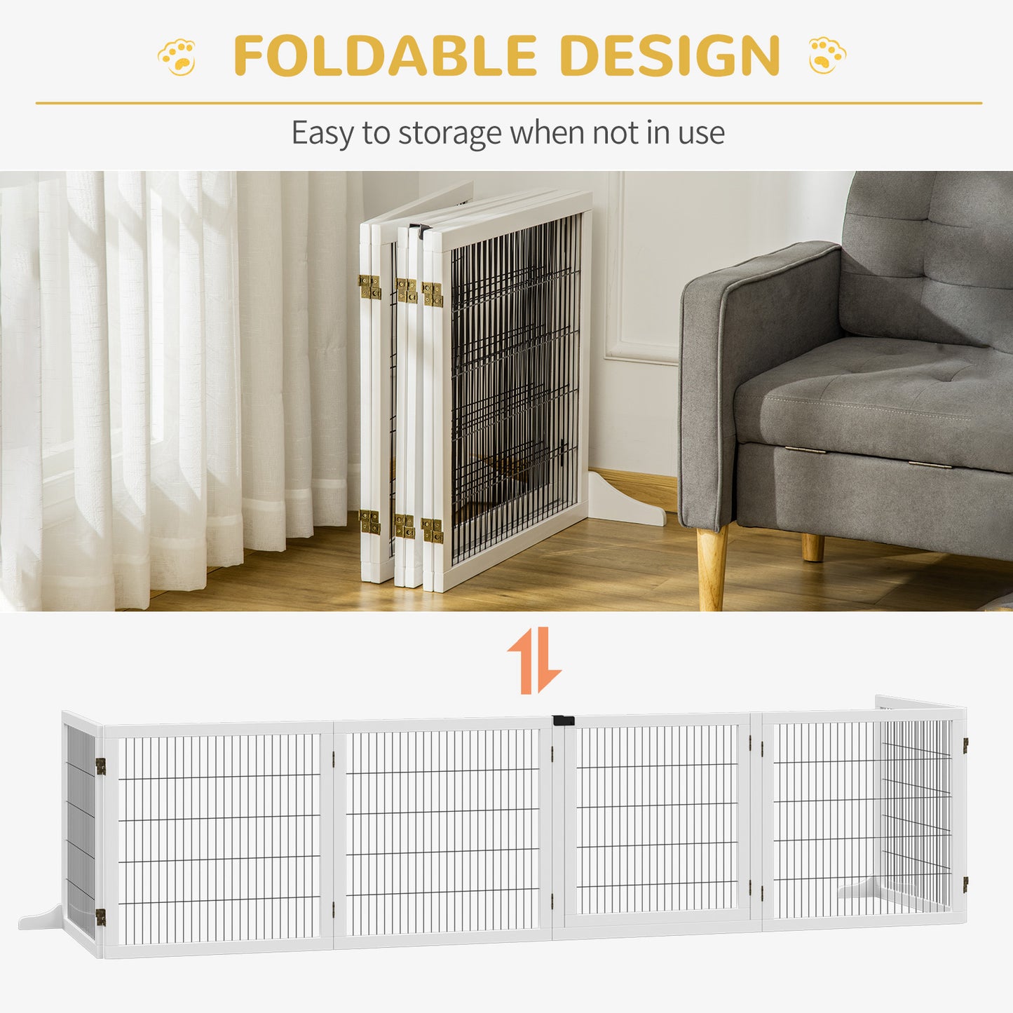 Wooden 6-Panel Pet Gate for Small & Medium Dogs - White, Foldable Safety Barrier
