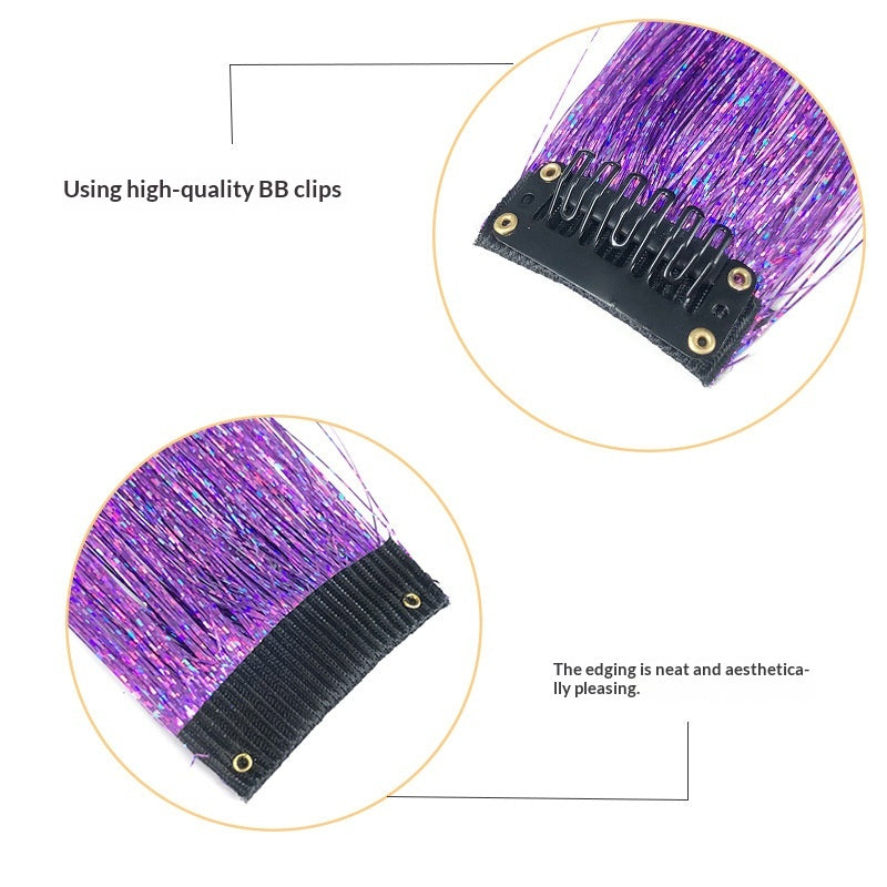 Clip-In Rainbow Hair Extensions - Long Synthetic Wig with Gold Thread