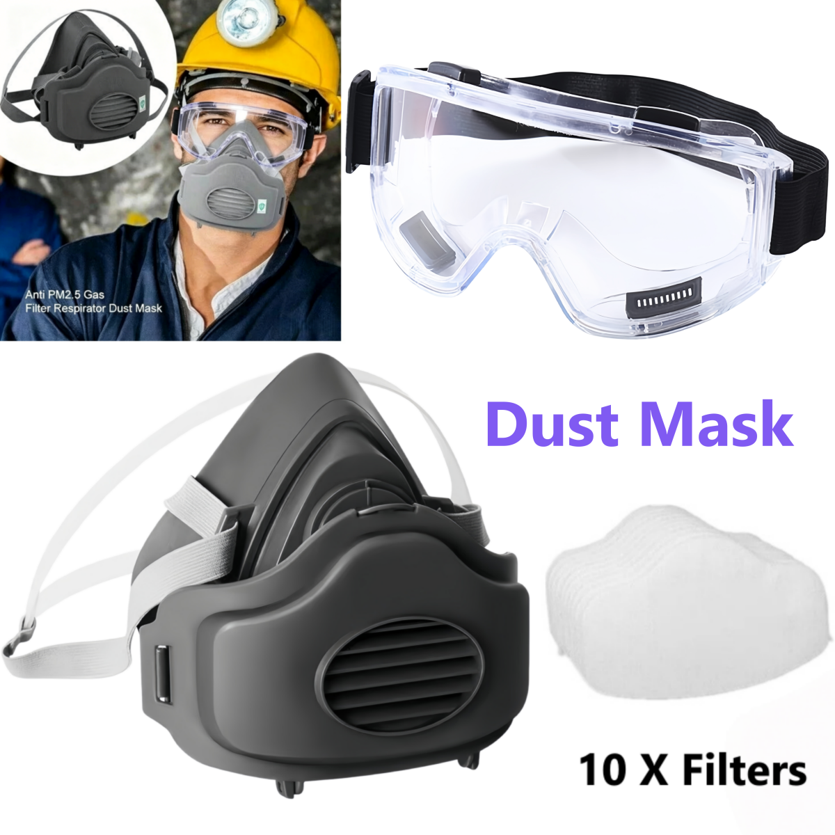 Half Face Respirator Mask with Anti-Fog Goggles and 10 Replaceable Filters