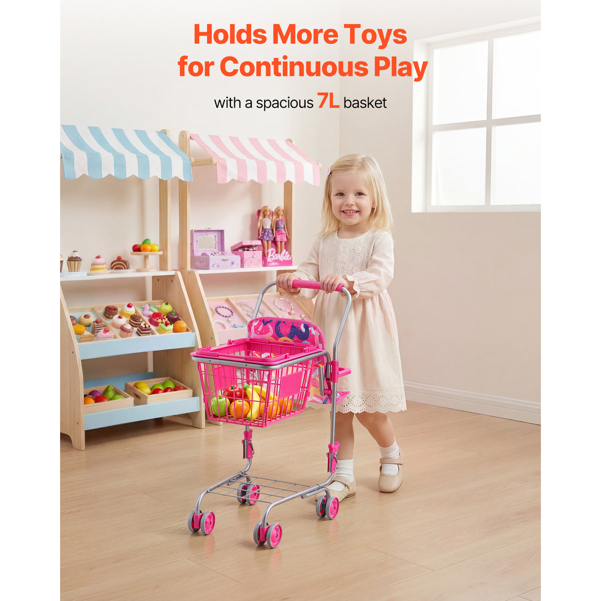 Kids Shopping Cart Toy with Doll Seat & Rolling Wheels - Pretend Play Grocery Trolley