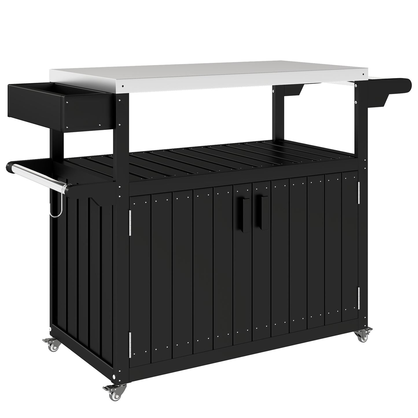 Outdoor Bar Cart with Stainless Steel Top & Storage - Black