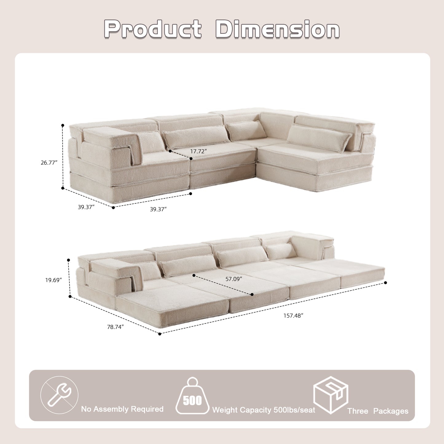 Convertible Compression Sofa Bed - Oversized 4 Seater, White