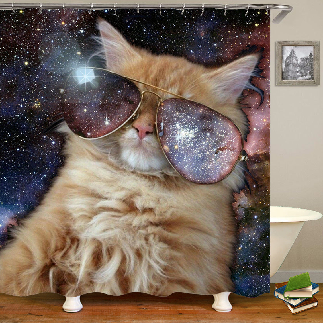 Cute Cat Shower Curtain Waterproof Fabric with Hooks - Funny Bathroom Decor