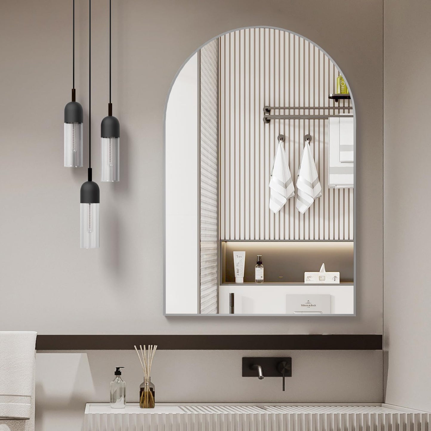 24x32 Inch Arched Silver Metal Framed Wall Mirror