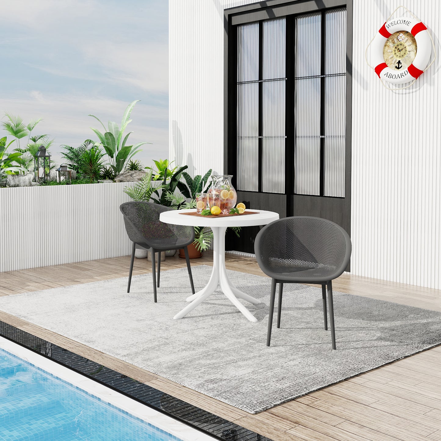 Modern Lounge Chairs with Round Table - Warm Grey & White